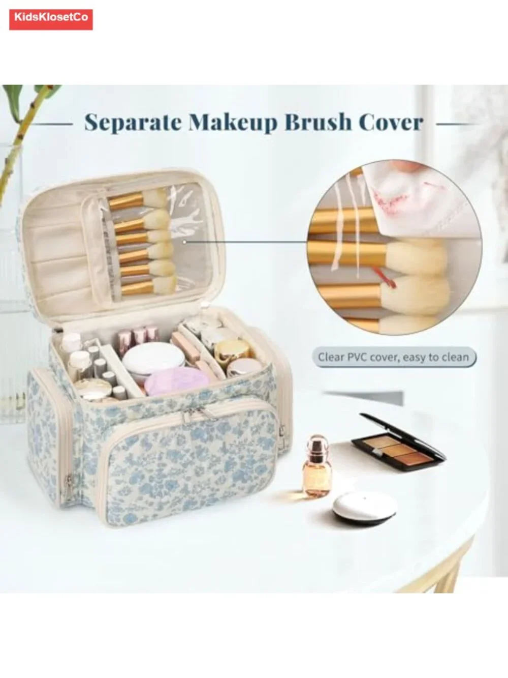 Large Quilted Makeup Bag Organizer with Brush Compartments and Dividers, Cotton